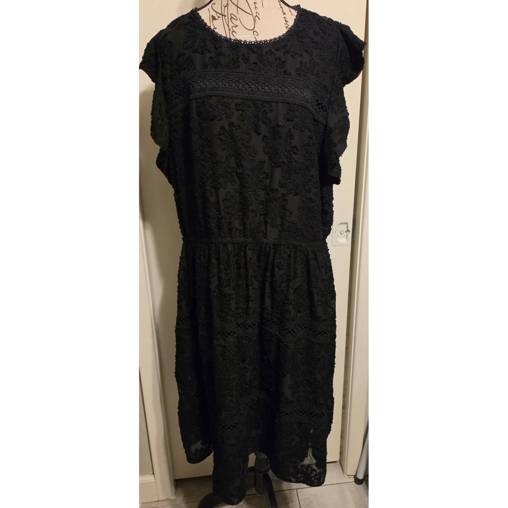 Gibson Latimer Black Floral Textured Lace Trim Flutter Sleeve Midi Dress XXL